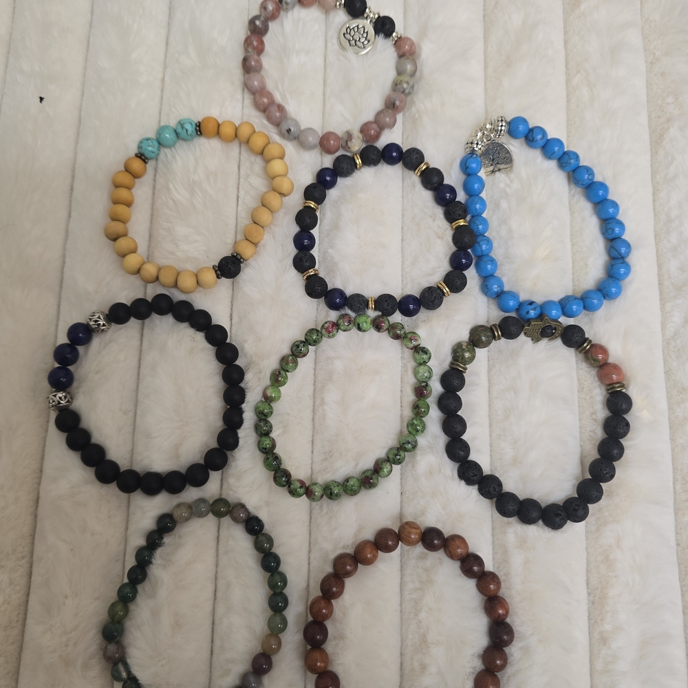 Assorted Beaded Stretch Bracelets - Blue, Black, Green, Yellow, Brown, Pink